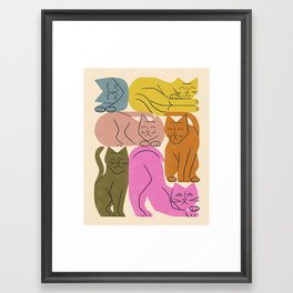 Stack of Cats No. 1 Framed Art Print | Drawing, Bright, Cute, Colorful, Stretching, Adorable, Pet, Boho, Pink, Pattern 