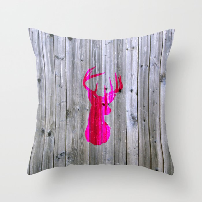 Bright Pink Hipster Vintage Deer Head Gray wood Throw Pillow