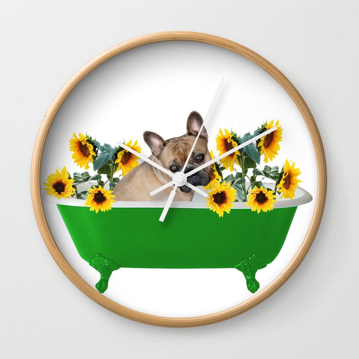 Bulldog - Green Bathtub with Sunflowers Wall Clock