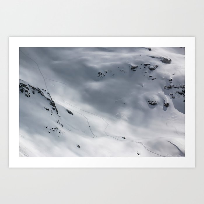 Snow Mountains of Switzerland with Skiers Travesing Art Print