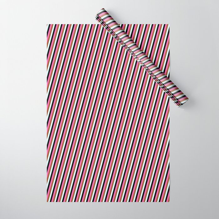 Hot Pink, Sienna, Light Cyan & Black Colored Lined/Striped Pattern Wrapping Paper