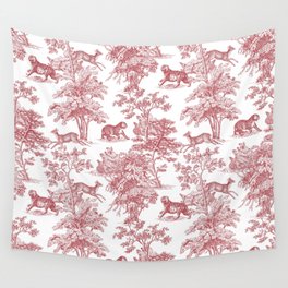 Toile de Jouy Vintage French Exotic Jungle Forest Red & White Wall Tapestry