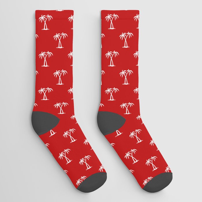 Red And White Palm Trees Pattern Socks