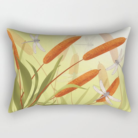 the reeds and dragonflies on the rising sun background Rectangular Pillow