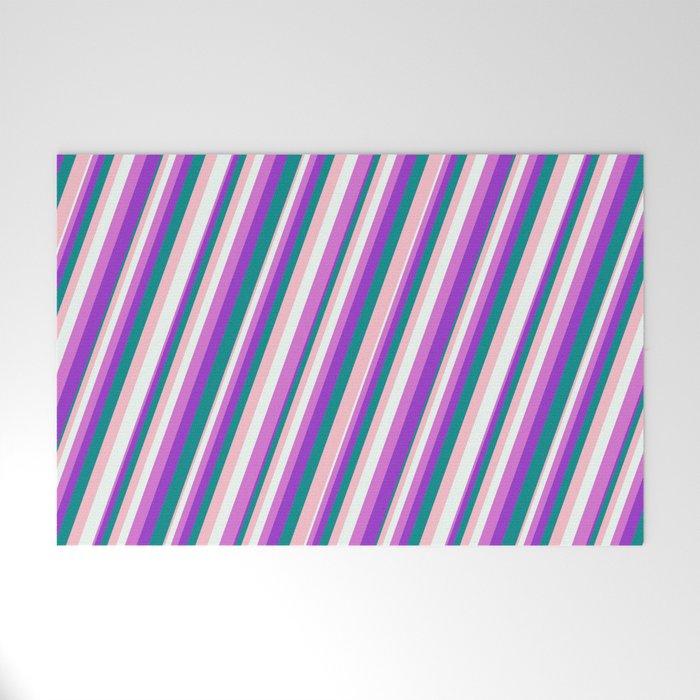 Eye-catching Pink, Mint Cream, Orchid, Dark Orchid & Dark Cyan Colored Stripes Pattern Welcome Mat