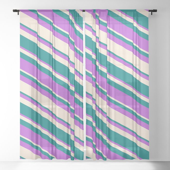 Orchid, Beige & Teal Colored Lines Pattern Sheer Curtain