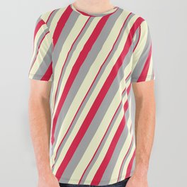 [ Thumbnail: Crimson, Dark Grey, and Light Yellow Colored Stripes Pattern All Over Graphic Tee ]