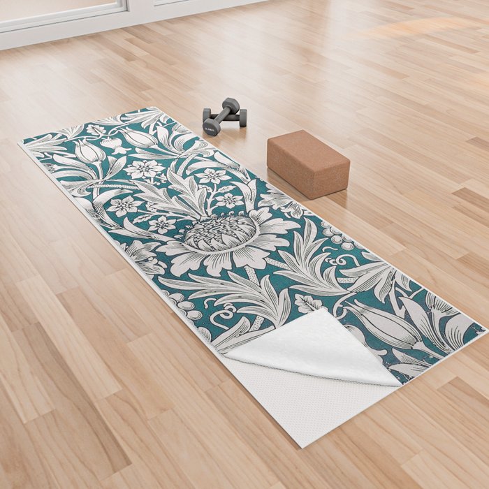 Modern Teal Blue William Morris  Floral Leaves Pattern  Yoga Towel