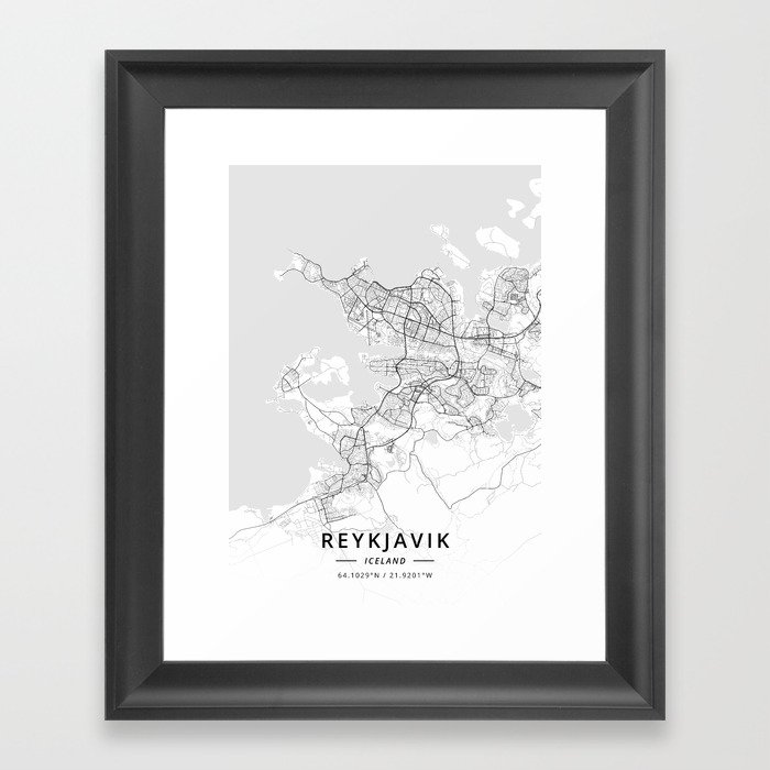 Reykjavik, Iceland - Light Map Framed Art Print