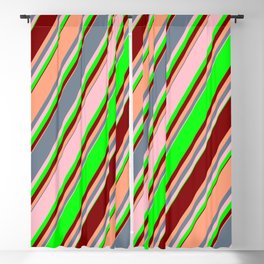 [ Thumbnail: Eye-catching Slate Gray, Pink, Lime, Maroon & Light Salmon Colored Striped Pattern Blackout Curtain ]