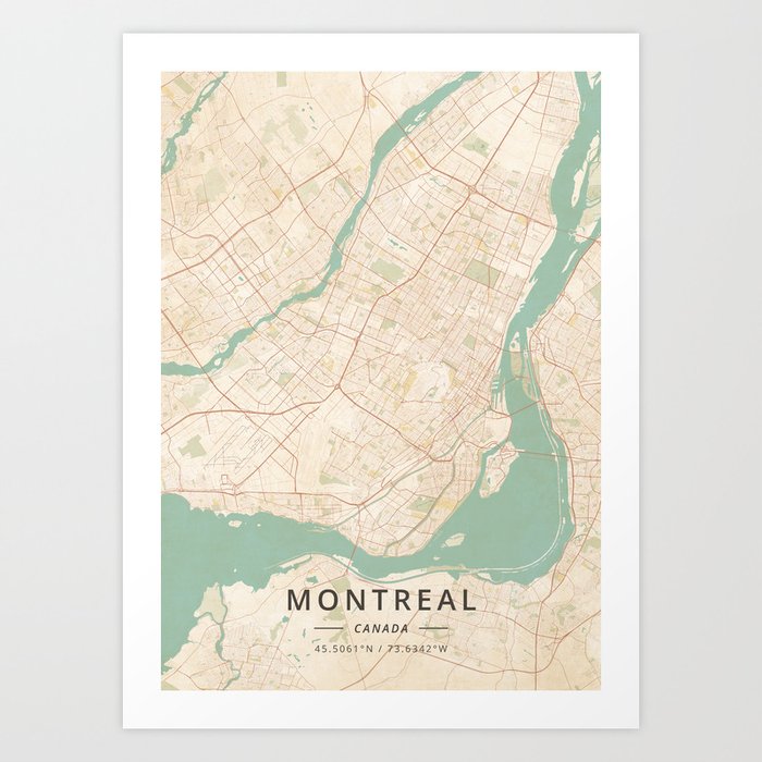 Montreal, Canada - Vintage Map Art Print