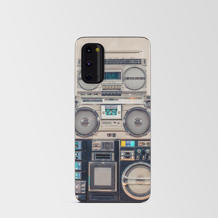 Retro old school design ghetto blaster stereo radio cassette tape recorders boombox tower from circa 1980s front concrete wall background. Vintage style filtered photo Android Card Case