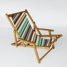 [ Thumbnail: Pale Goldenrod, Light Sea Green, and Dark Red Colored Striped Pattern Sling Chair ]