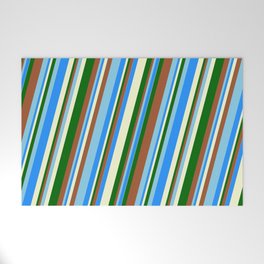 [ Thumbnail: Vibrant Sienna, Sky Blue, Blue, Light Yellow, and Dark Green Colored Striped Pattern Welcome Mat ]