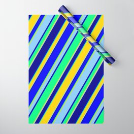 [ Thumbnail: Eyecatching Blue, Green, Yellow, Light Sky Blue & Dark Blue Colored Lines/Stripes Pattern Wrapping Paper ]
