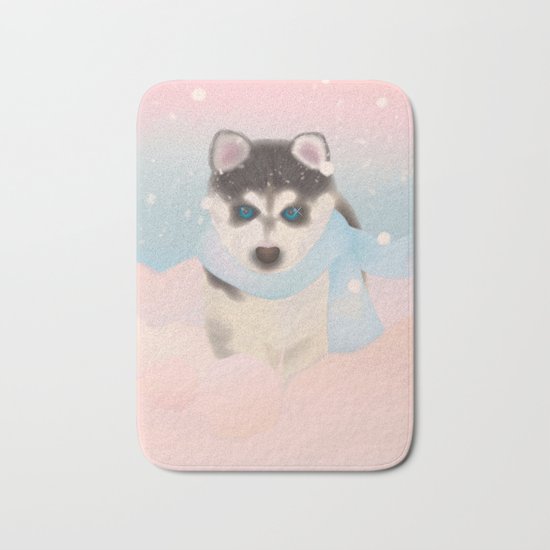 Husky Puppy in Snow Bath Mat