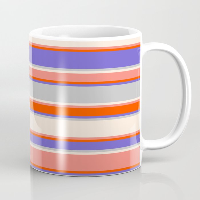 Eye-catching Slate Blue, Grey, Beige, Salmon, and Red Colored Striped Pattern Coffee Mug