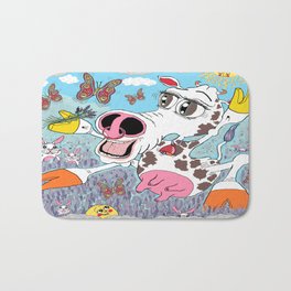 happy cow in a field of lavender with rabbits and butterflies Bath Mat