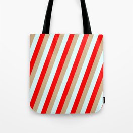 [ Thumbnail: Tan, Light Cyan, and Red Colored Stripes Pattern Tote Bag ]