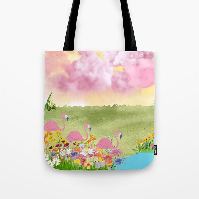 Flamingo and flowers  Tote Bag