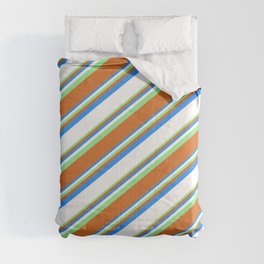 [ Thumbnail: Blue, White, Light Green, and Chocolate Colored Lined Pattern Comforter ]