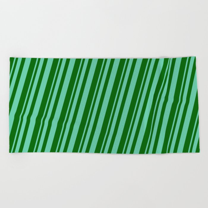 Aquamarine and Dark Green Colored Pattern of Stripes Beach Towel