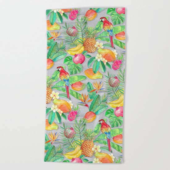 Tropical Paradise Fruit & Parrot Pattern Beach Towel