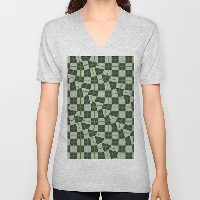 Warped Checkerboard Grid Illustration Whimsical Green V Neck T Shirt
