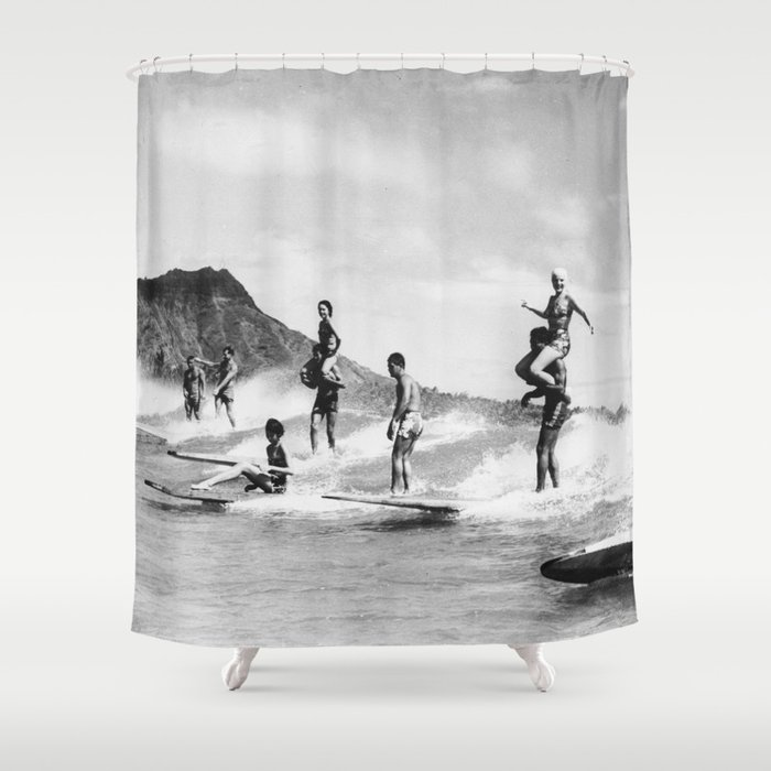 Vintage Hawaii Tandem Surfing Shower Curtain by vintagesurfphotos ...