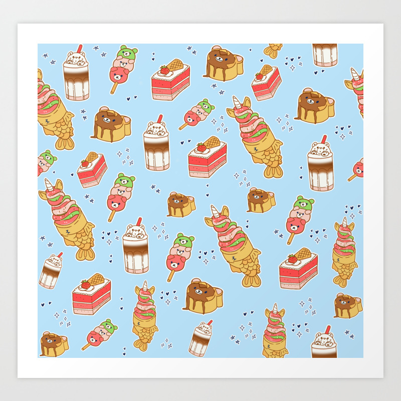 Japanese Treats Kawaii Food On Blue Art Print By Frostedsosweet Society6
