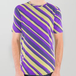 [ Thumbnail: Purple, Dark Slate Blue, and Tan Colored Striped Pattern All Over Graphic Tee ]