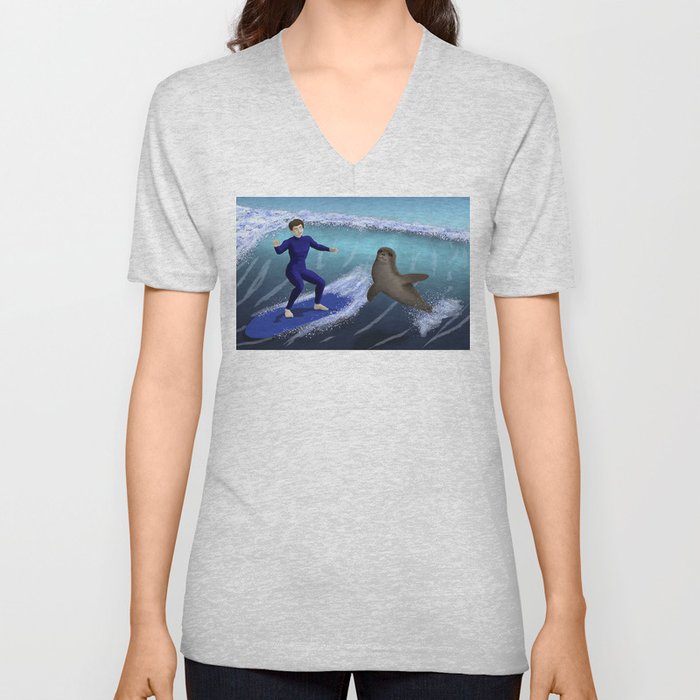Surfing with a Seal V Neck T Shirt