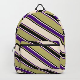 [ Thumbnail: Beige, Indigo, Dark Khaki, and Black Colored Striped/Lined Pattern Backpack ]