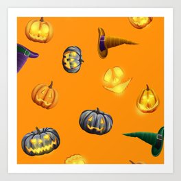 Halloween Pumpkin Jack-O-Lanterns And Witch Hats Pattern Art Print