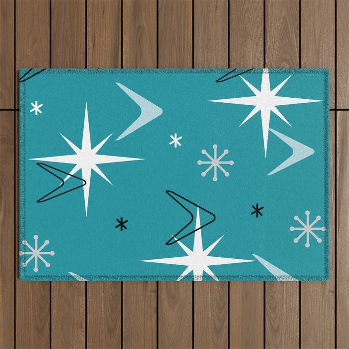 Vintage 1950s Boomerangs Stars Teal Outdoor Rug