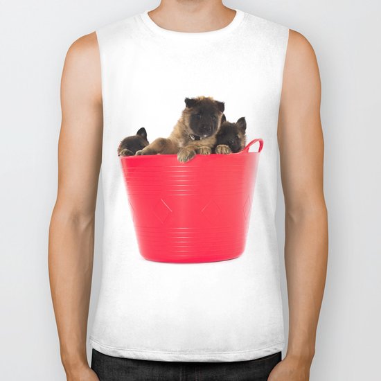 Three puppies in red laundry basket Biker Tank