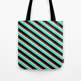 [ Thumbnail: Colorful Dim Gray, Maroon, Tan, Turquoise & Black Colored Stripes/Lines Pattern Tote Bag ]