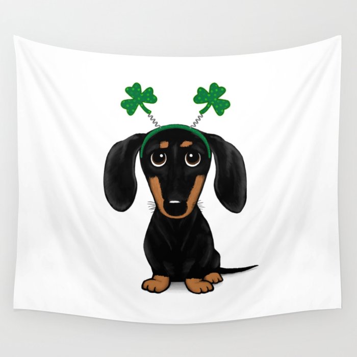 Saint Patrick's Day Dog | Black and Tan Dachshund with Shamrocks | Funny Wiener Dog Wall Tapestry
