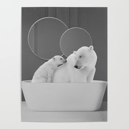 Mama and baby polar bears in bathtub bathroom black and white photograph Poster
