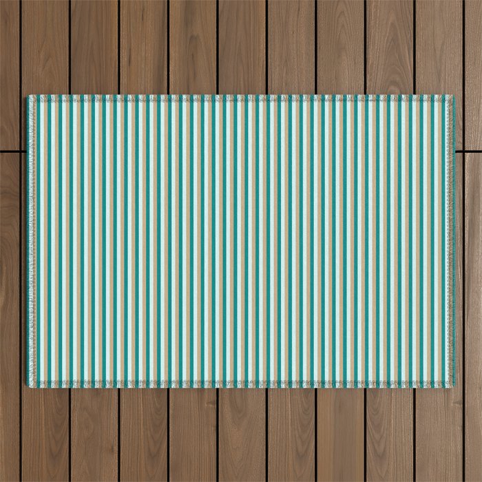 Tan, Dark Cyan, and Light Cyan Colored Striped Pattern Outdoor Rug