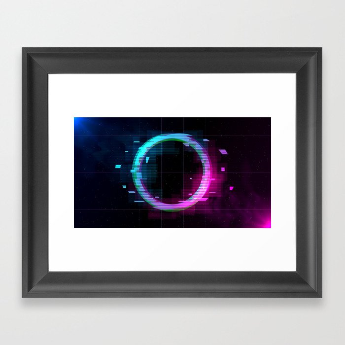 Synthwave Vaporwave Retrowave Glitch Circle with blue and pink glows with smoke and particles on laser grid space background.  Framed Art Print