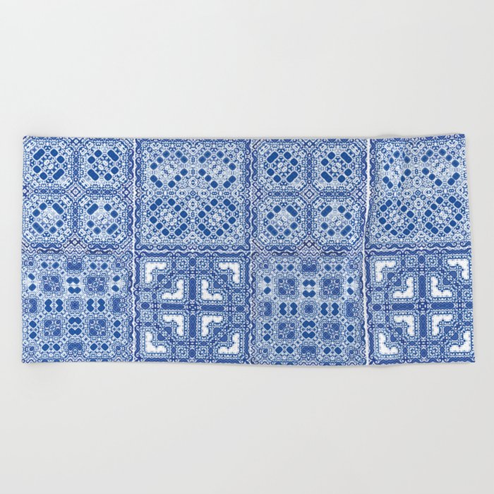 Traditional ornate portuguese azulejos. Fashionable design. Kit of vintage seamless patterns. Blue abstract background Beach Towel