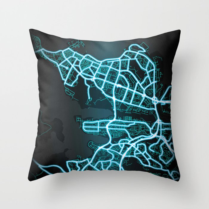Reykjavík, Iceland, Blue, White, Neon, Glow, City, Map Throw Pillow by