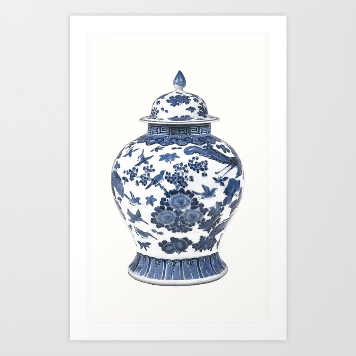 Blue White Chinoiserie Porcelain Ginger Jar With Birds Flowers Blue White Chinoiserie Porcelain Ginger Jar With Birds Flowers Art Print