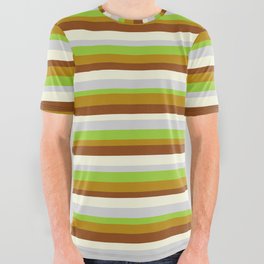 [ Thumbnail: Eyecatching Light Grey, Green, Dark Goldenrod, Brown, and Beige Colored Lined Pattern All Over Graphic Tee ]