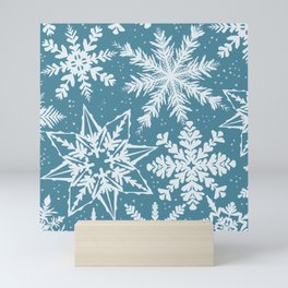 Winter Snowflakes and Tiny Dots Pattern - Blue Mini Art Print