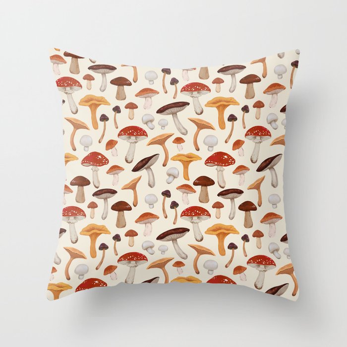 Mushroom Medley Pattern - Neutral Throw Pillow