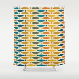 Mid-Century Modern Fish Stripes in Moroccan Teal, Green, Orange, Mustard, and Cream Shower Curtain
