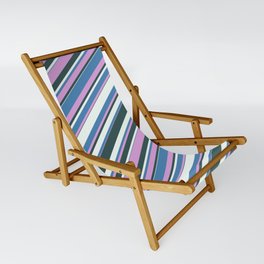 [ Thumbnail: Blue, Plum, Dark Slate Gray, and Mint Cream Colored Lined/Striped Pattern Sling Chair ]