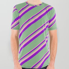 [ Thumbnail: Light Pink, Dark Violet & Dark Sea Green Colored Lined Pattern All Over Graphic Tee ]